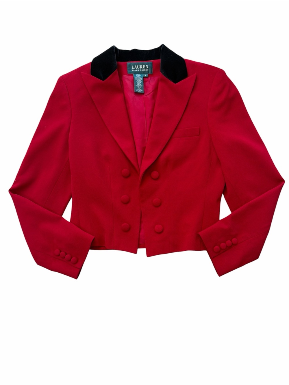 Lauren Ralph Lauren Red Wool Cropped Equestrian Blazer with Black Velvet Collar